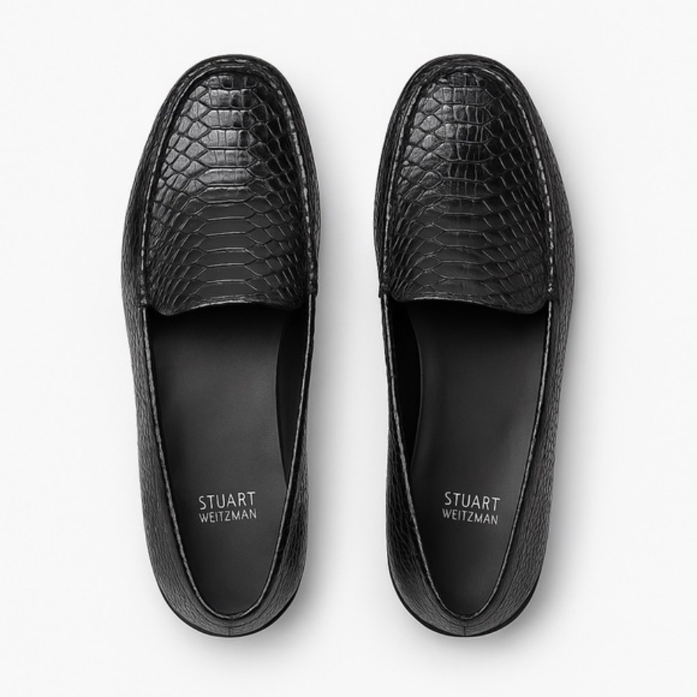Stuart Weitzman Black Faux Leather Snakeskin Print Loafers Size 7.5